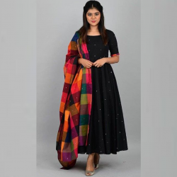 South indian Gown In Black Color Rayon Cotton Fabric Full Stitched 
